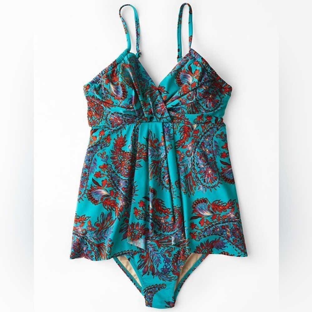 Garnet Hill Ruched-Overlay One-Piece Swimsuit Boho Paisley Women’s Size 10